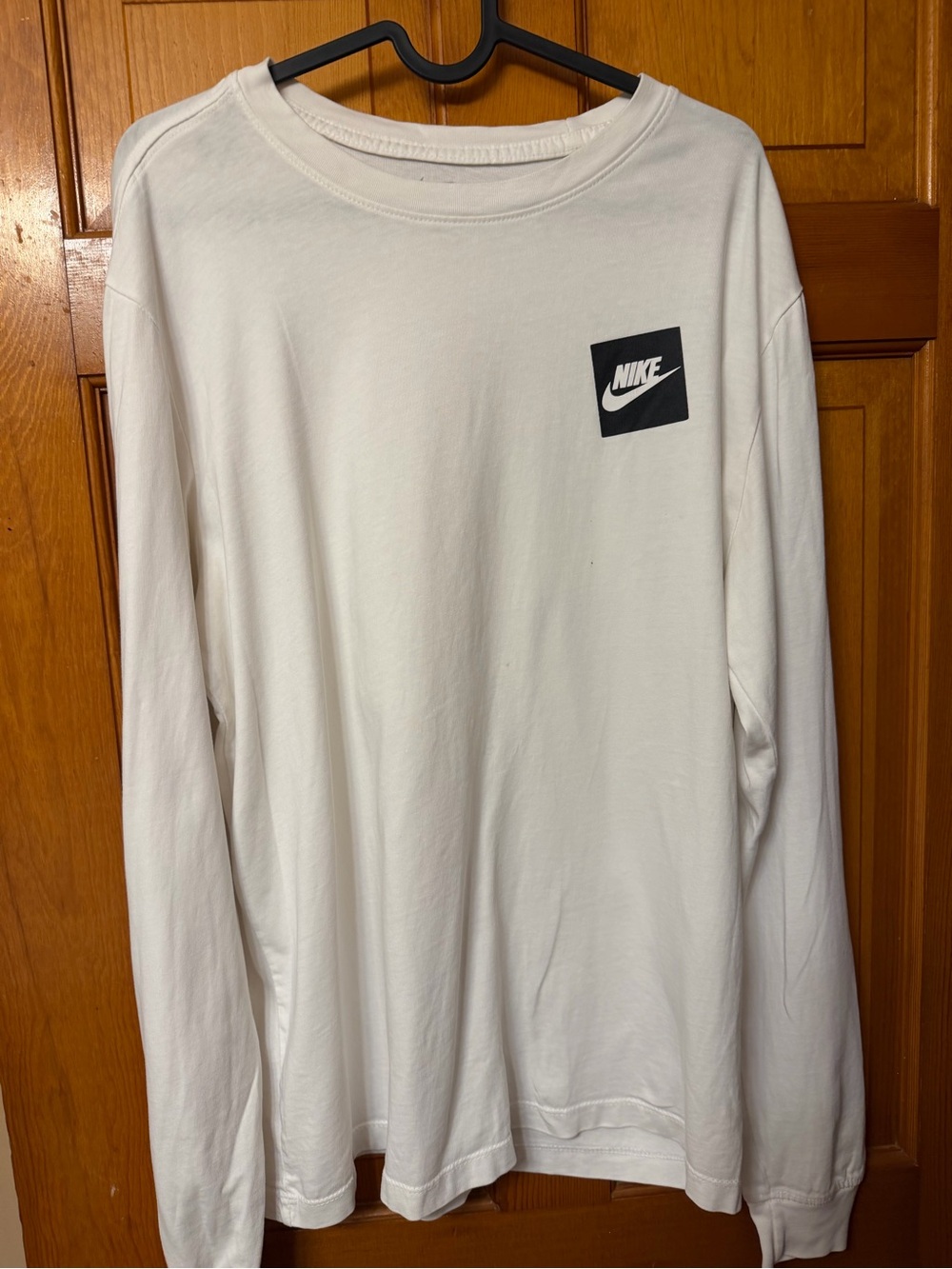 Nike White Long Sleeve Crew with Black Logo Patch
